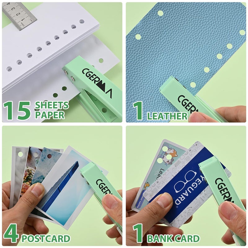 Cgerma Single Hole Puncher, 1/4" Hole, 50% Labor Savings, Heavy Duty Metal Punch, 15 Sheet Capacity, for ID Cards, Chipboard, Art Project, Crafts Easy Punching, Green - Image 5